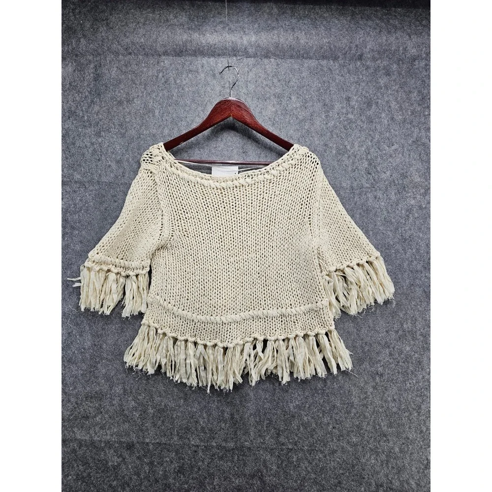 Free People Cream Crochet Knit Fringe‎ Crop Top Bohemian Festival